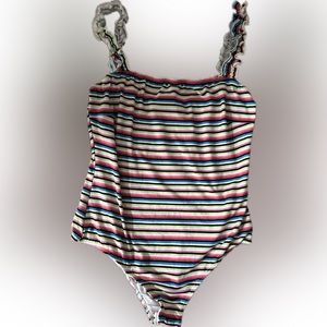 Blue Blush striped bodysuit, ruffle straps, Medium